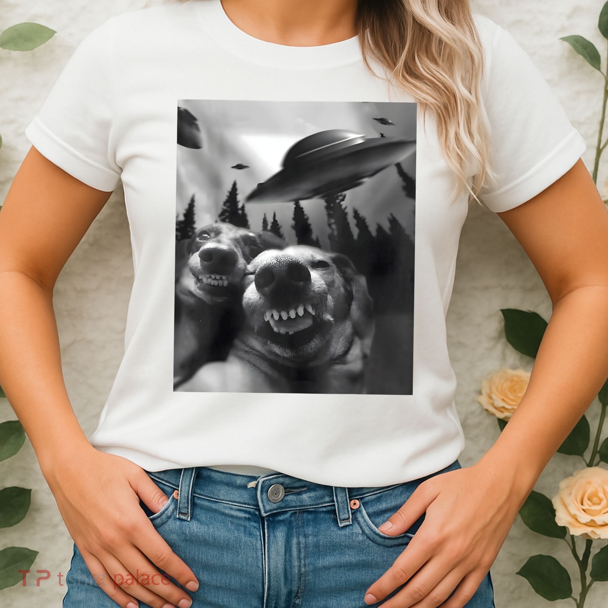 Funny Dogs Selfie With UFOs Women's T-Shirt