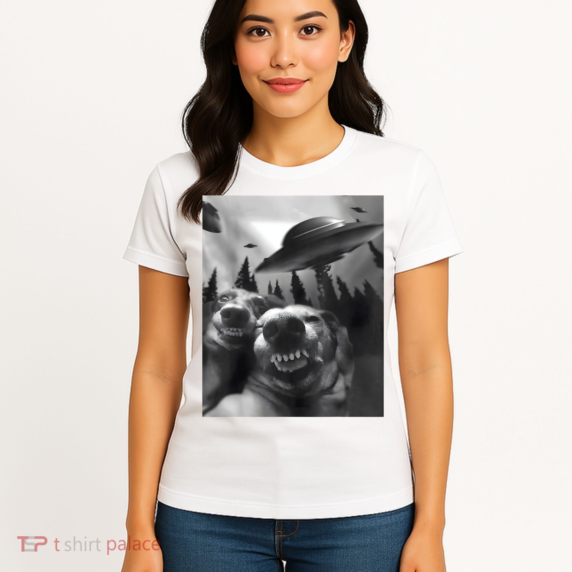 Funny Dogs Selfie With UFOs Women's T-Shirt