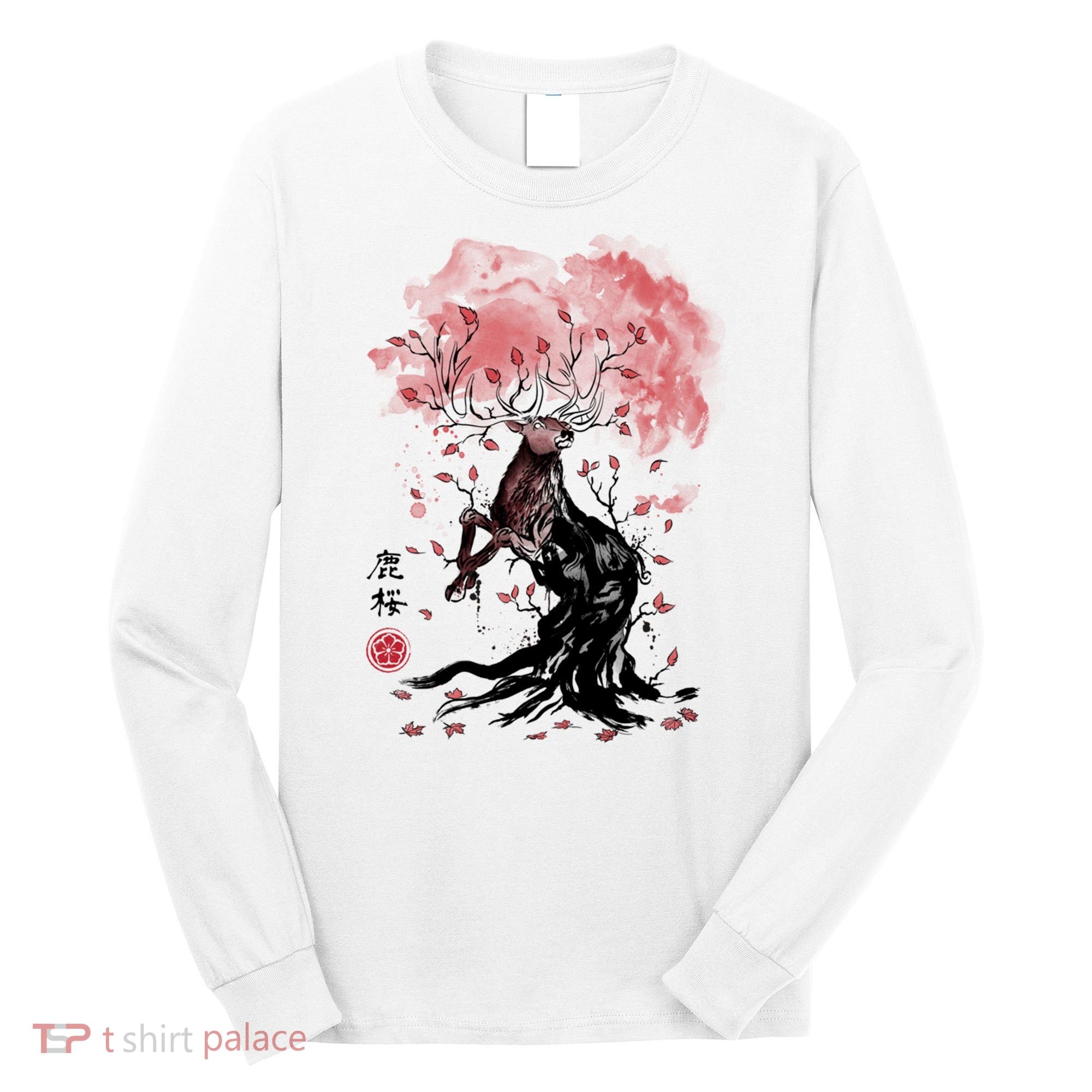 Fantasy Deer Tree Japanese Style Art Picture Painting Long Sleeve Shirt