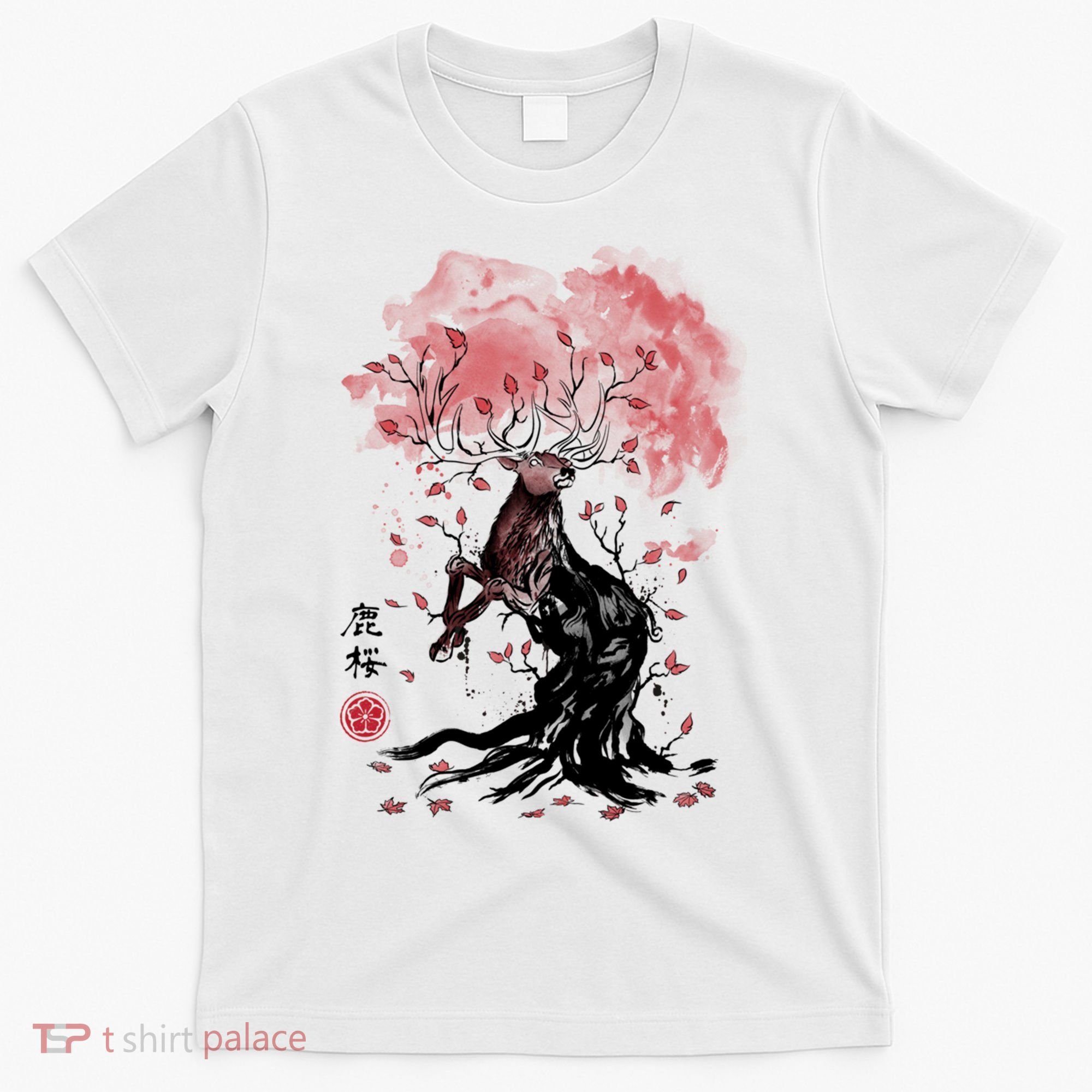 Fantasy Deer Tree Japanese Style Art Picture Painting T-Shirt
