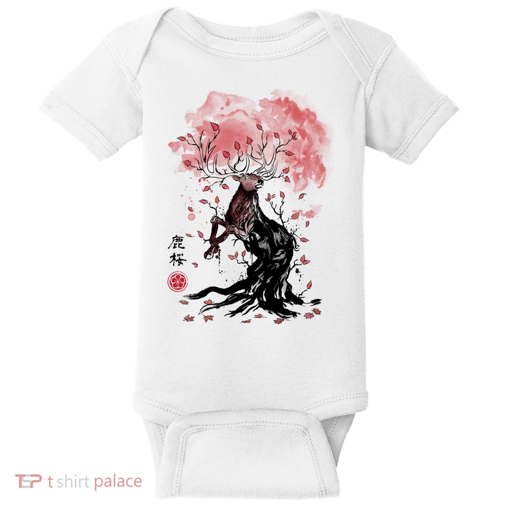 Fantasy Deer Tree Japanese Style Art Picture Painting Baby Bodysuit