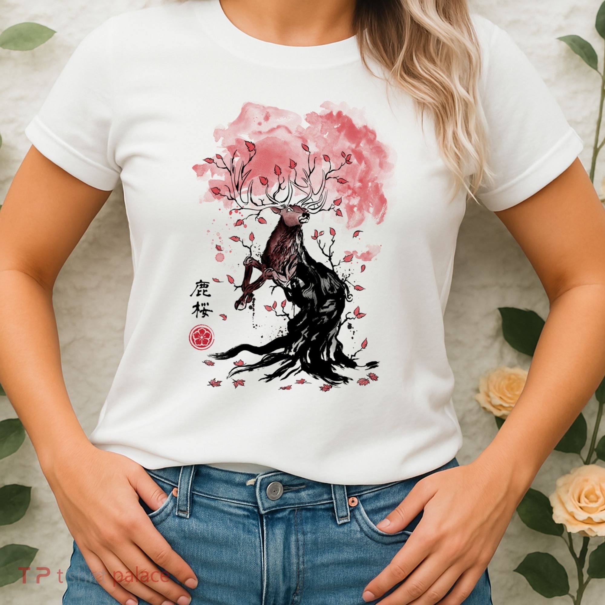 Fantasy Deer Tree Japanese Style Art Picture Painting Women's T-Shirt