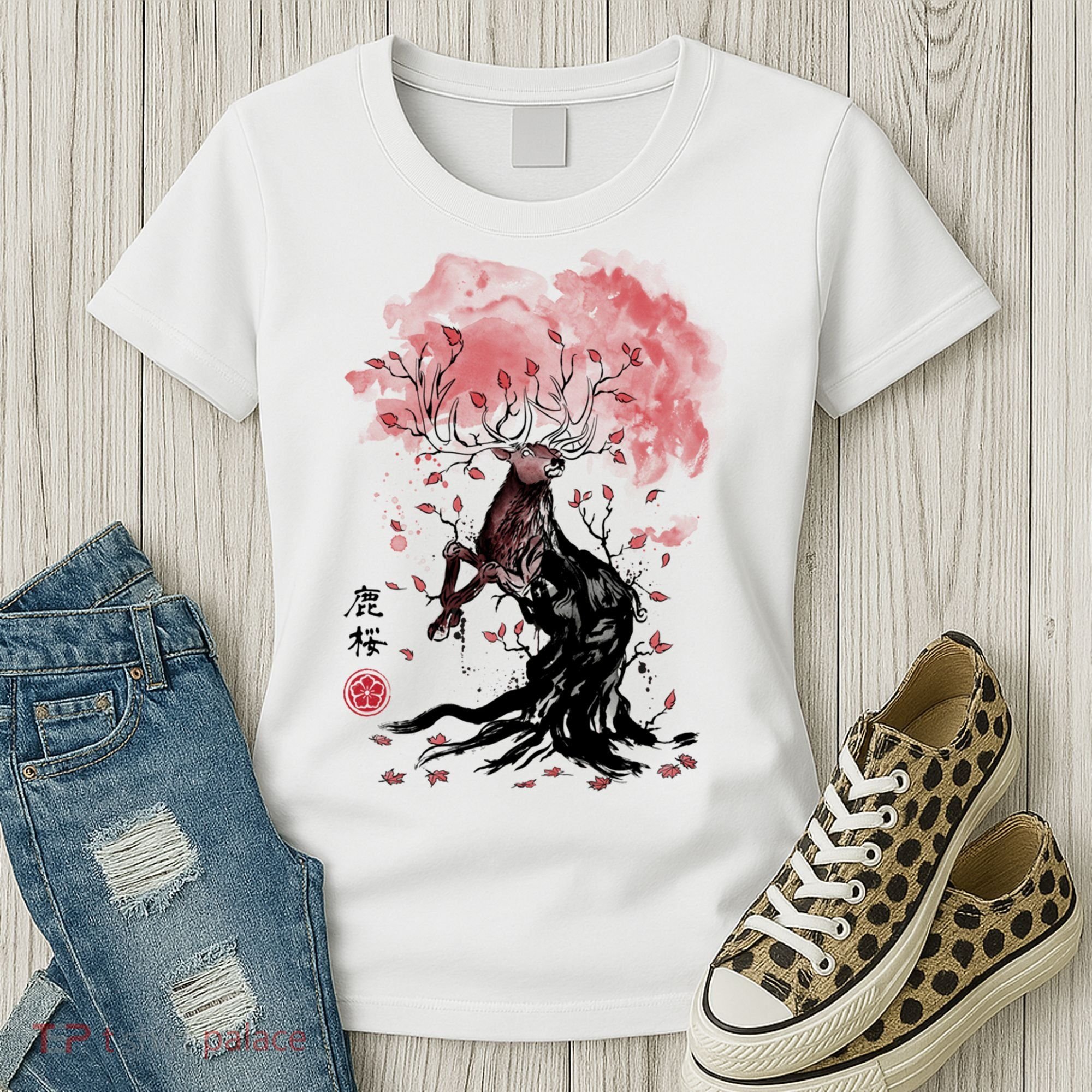 Fantasy Deer Tree Japanese Style Art Picture Painting Women's T-Shirt