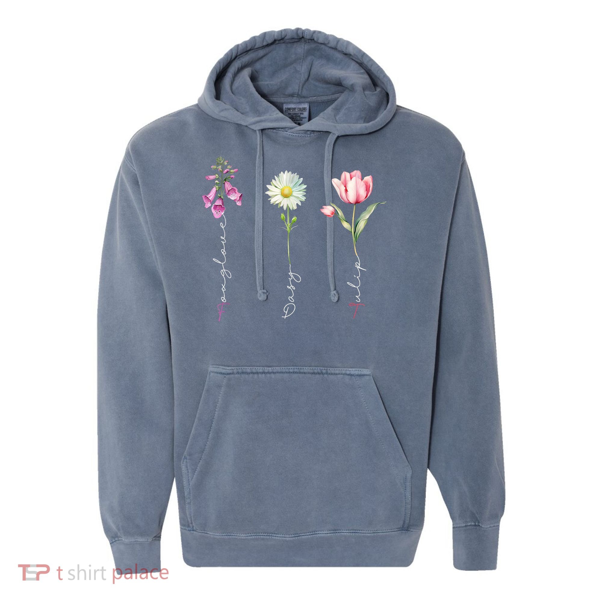 Foxglove Daisy Tulip Floral Comfort Colors Garment-Dyed Hooded Sweatshirt