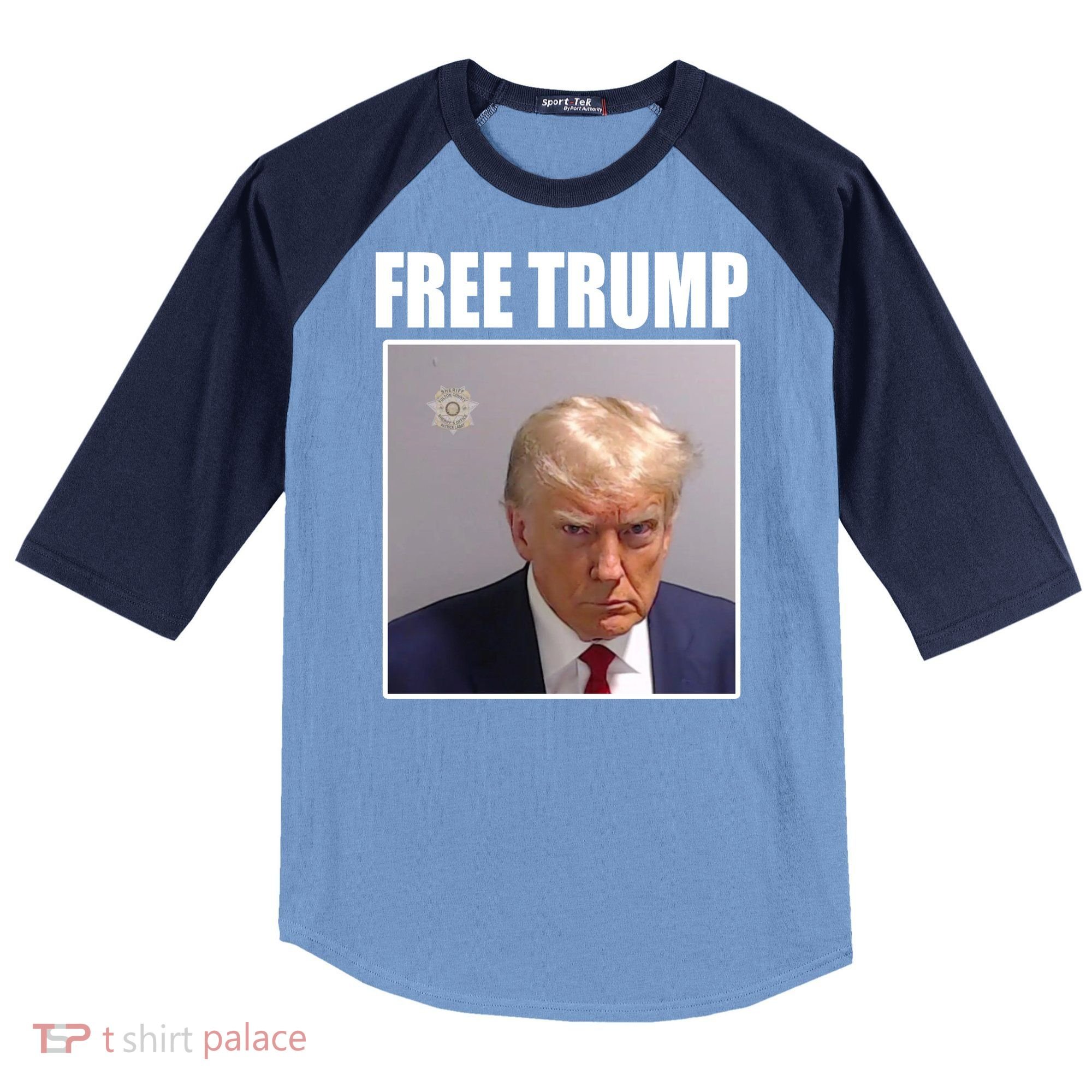 Free Donald Trump Mugshot Election Raglan Baseball Sleeve Shirt
