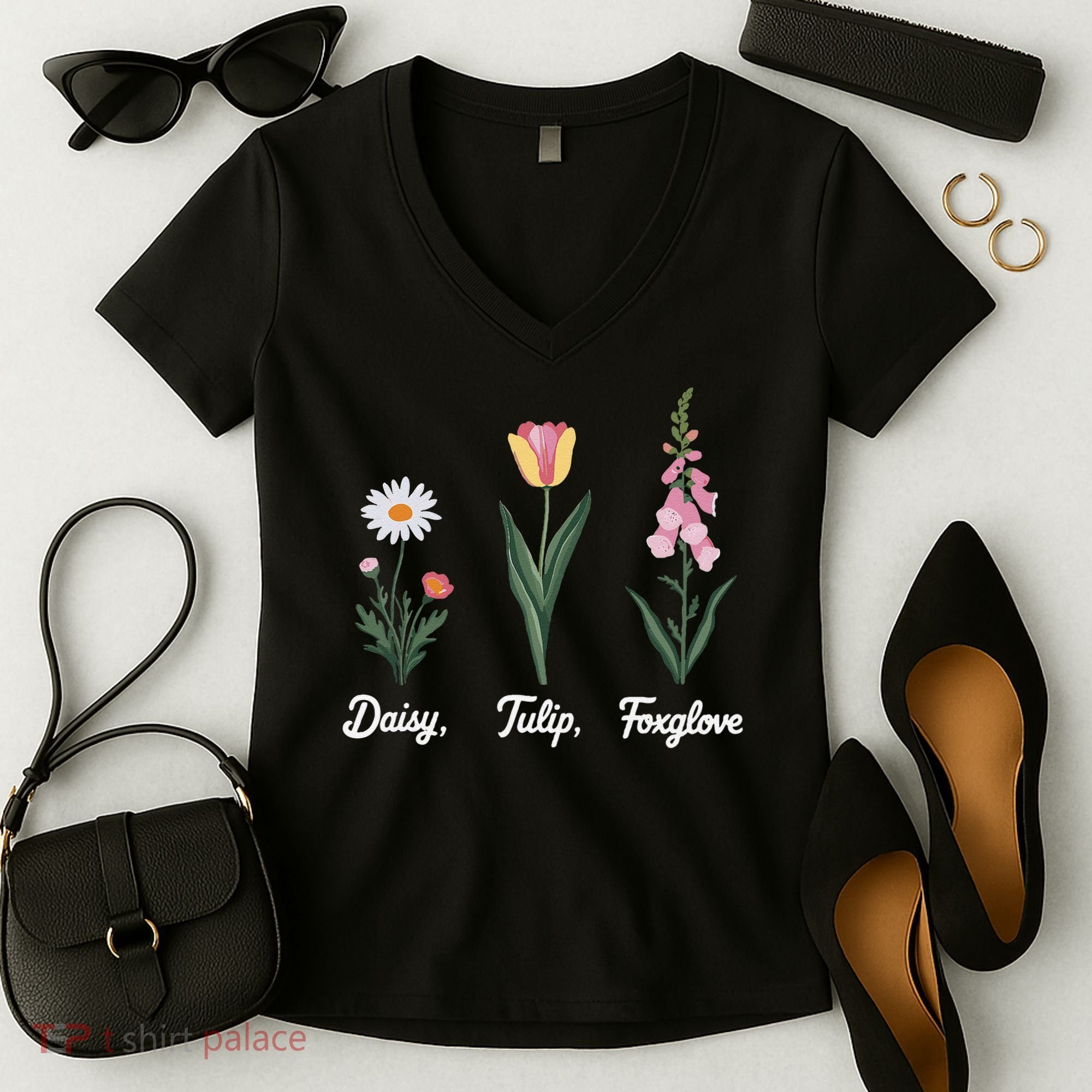 Foxglove Daisy Tulip Floral Floral Plant Women's V-Neck T-Shirt