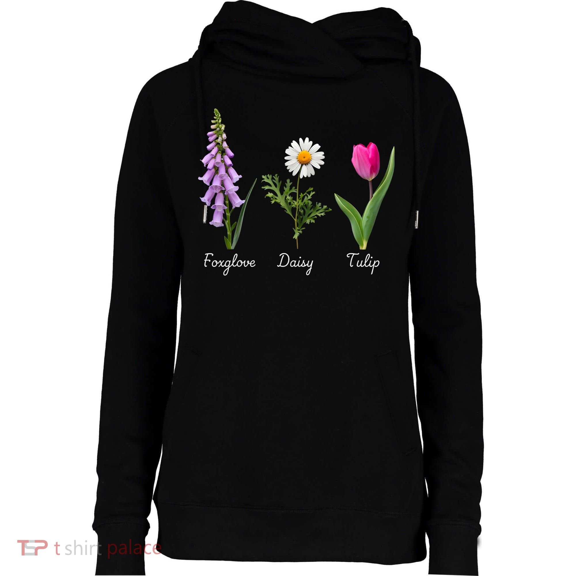 Foxglove Daisy Tulip Floral Womens Funnel Neck Pullover Hood