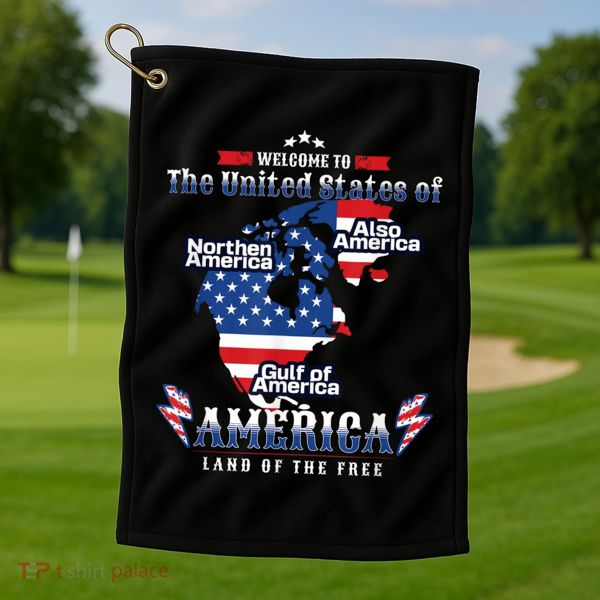 Funny Donald Trump American Flag Canada Greenland Gulf Map Golf Towel