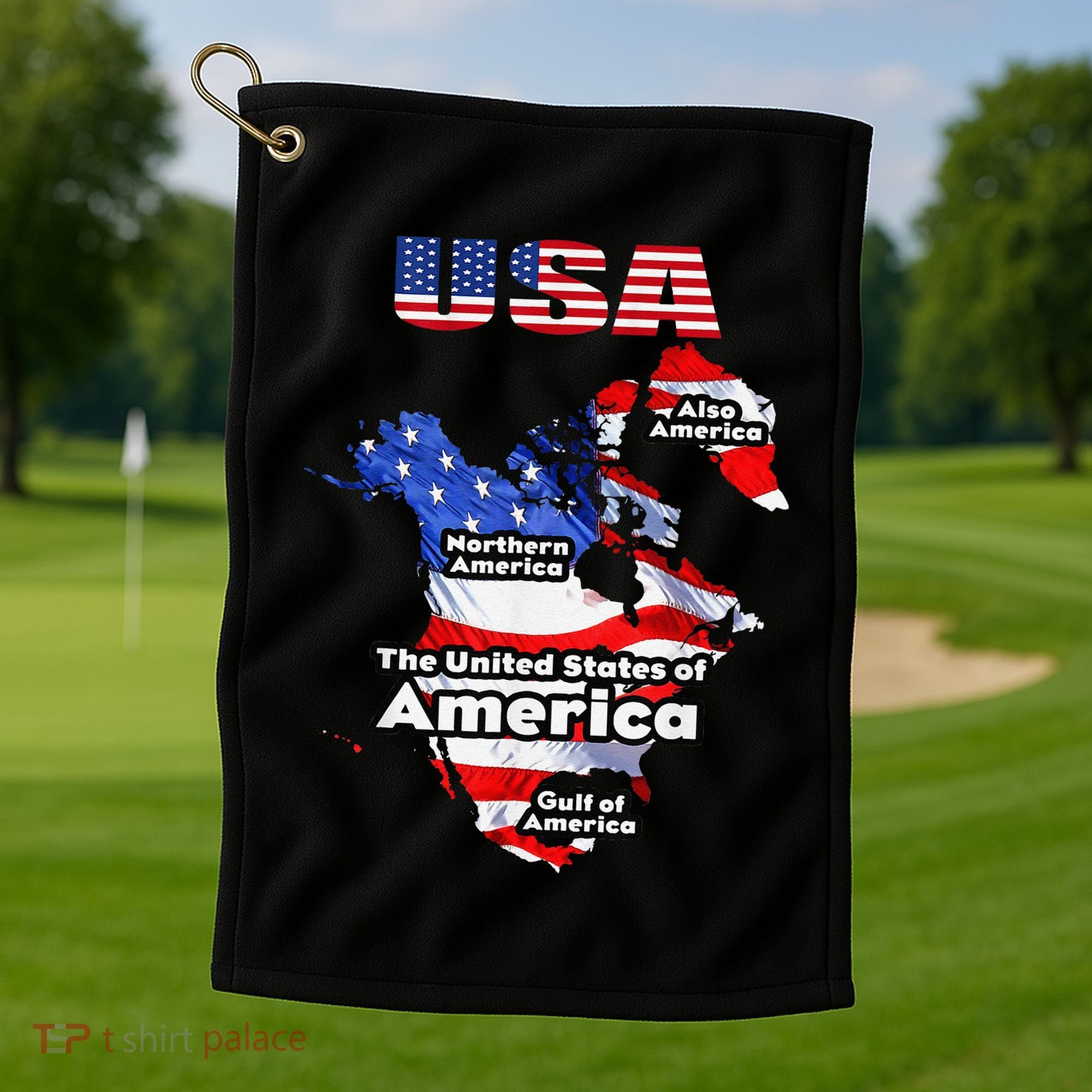 Funny Donald Trump American Flag Canada Greenland Gulf Map Golf Towel
