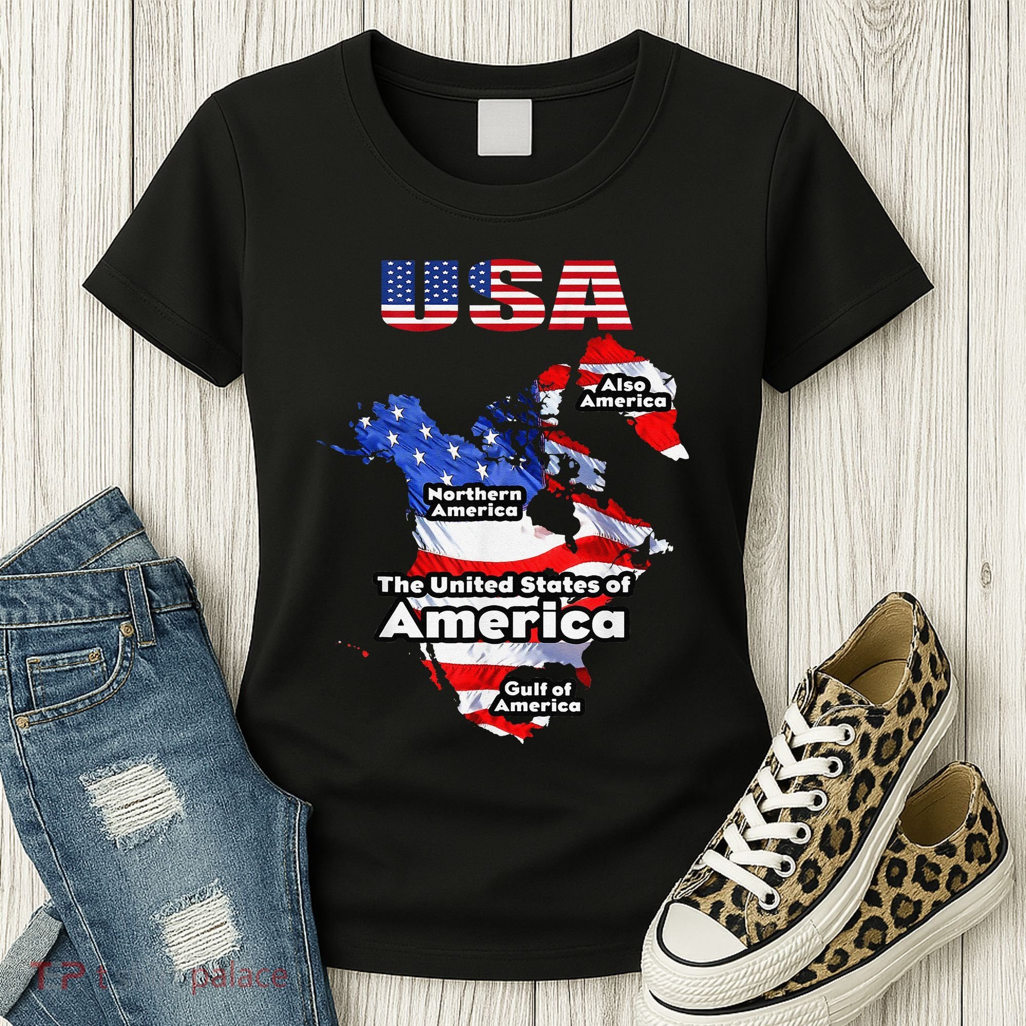 Funny Donald Trump American Flag Canada Greenland Gulf Map Women's T-Shirt