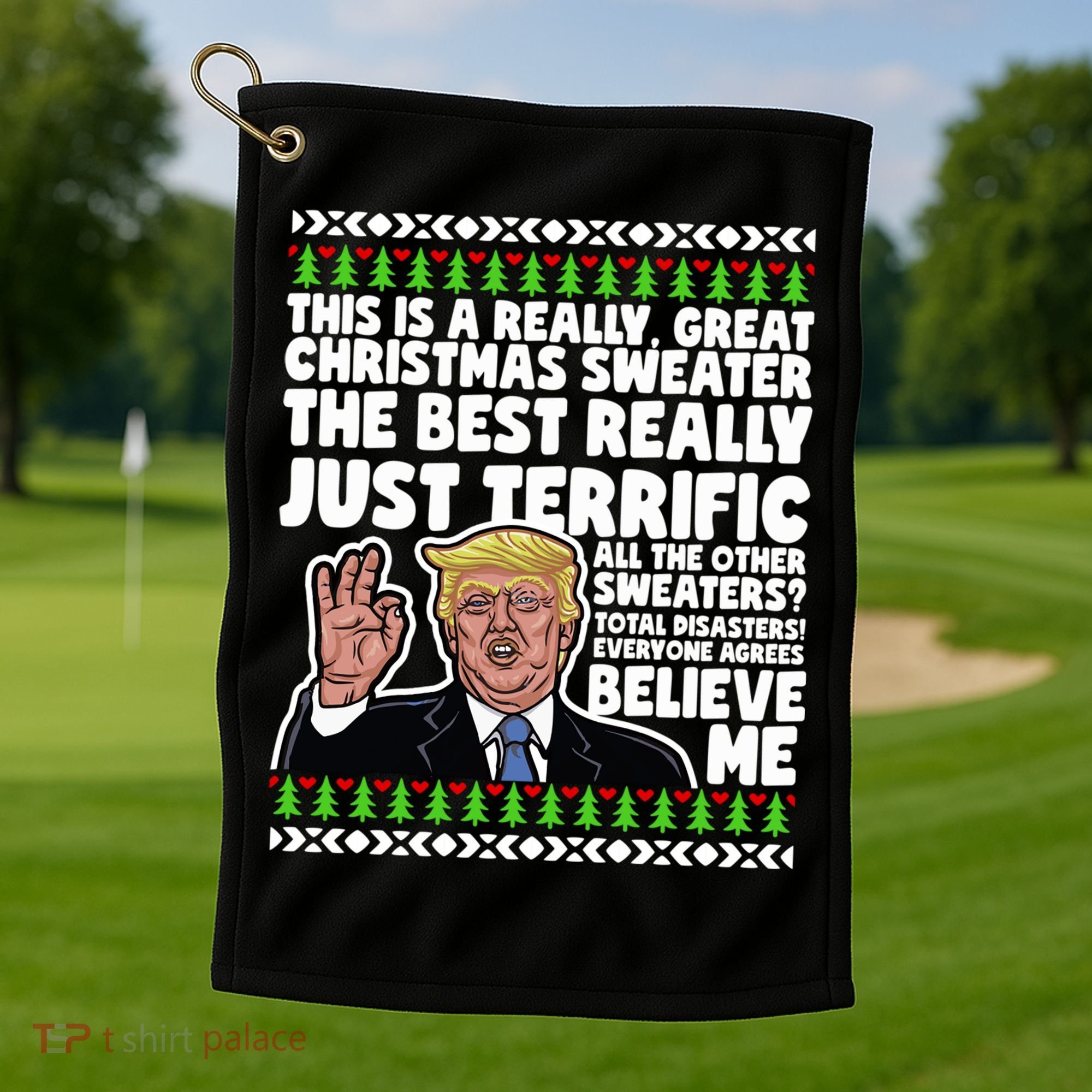 Funny Donald Trump Ugly Christmas Sweater Parody Speech Great Gift Golf Towel