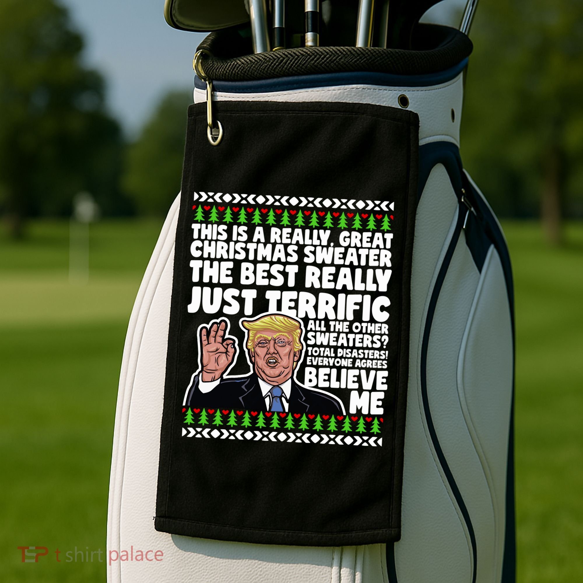 Funny Donald Trump Ugly Christmas Sweater Parody Speech Great Gift Golf Towel