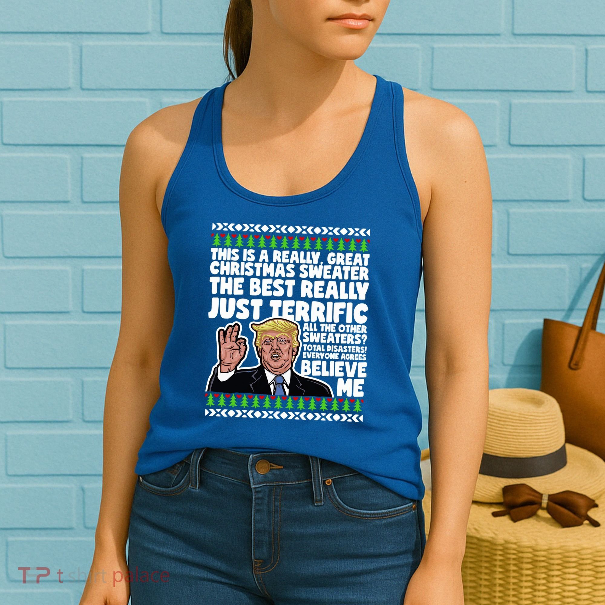 Funny Donald Trump Ugly Christmas Sweater Parody Speech Great Gift Women's Tank Top