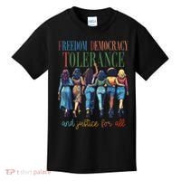 Freedom Democracy Tolerance And Justice For All Hands Off Kids T-Shirt thumb 0