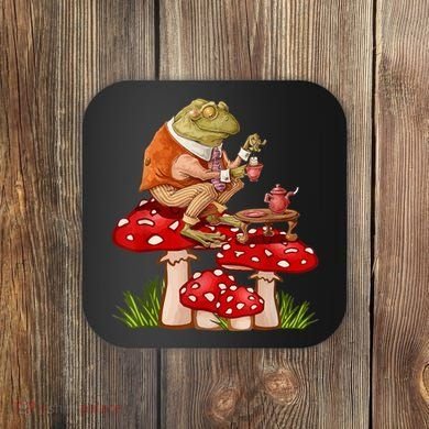 Frog Drinking Tea Mushroom Aesthetic Cottagecore Coaster