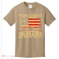 Freedom Democracy Tolerance And Justice For All Hands Off Kids T-Shirt thumb 0