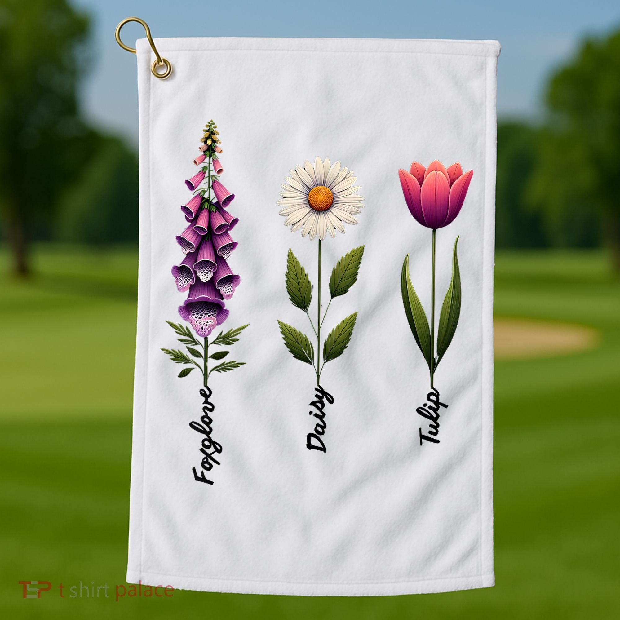Foxglove Daisy Tulip Floral  Golf Towel