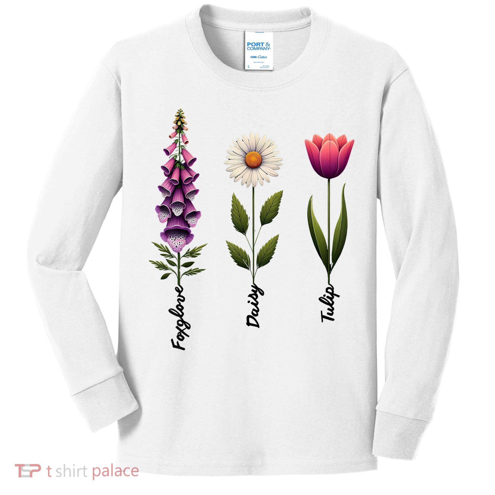 Foxglove Daisy Tulip Floral  Kids Long Sleeve Shirt