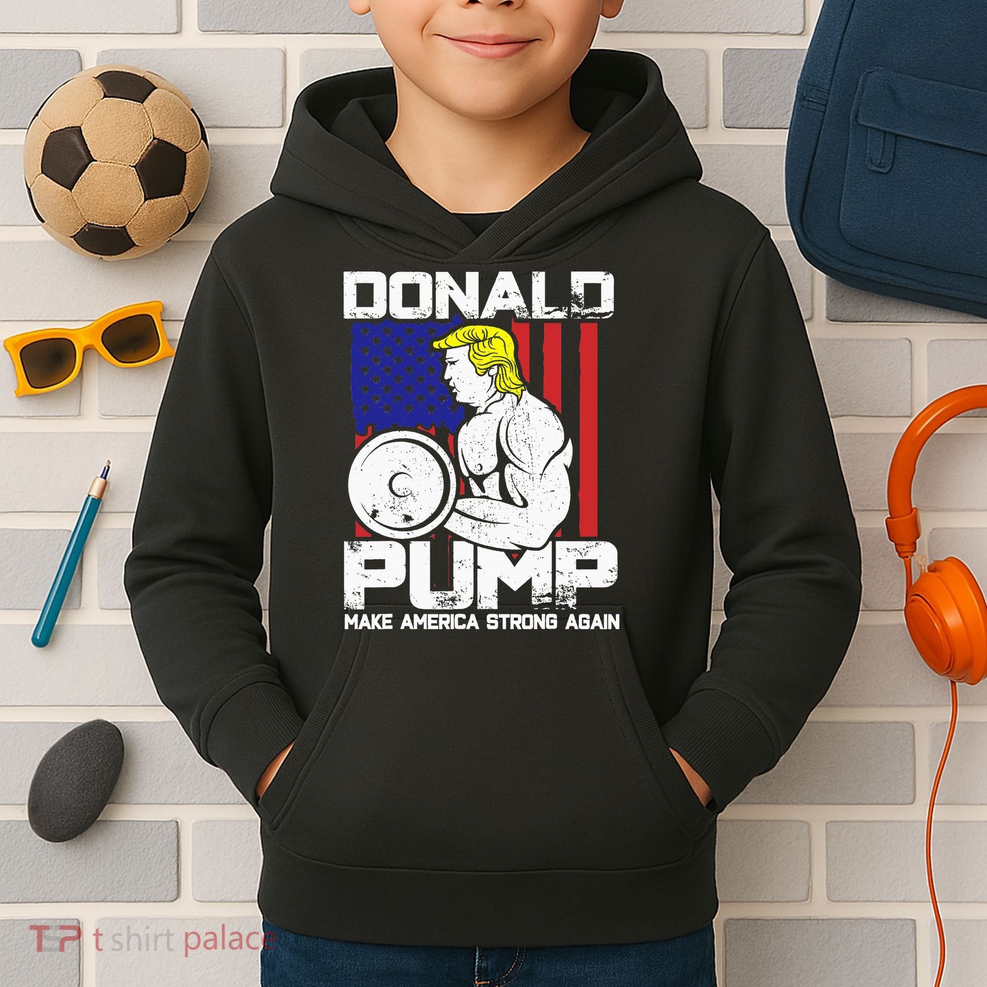 Funny Donald Trump Weight Lifting Workout Gym Kids Hoodie