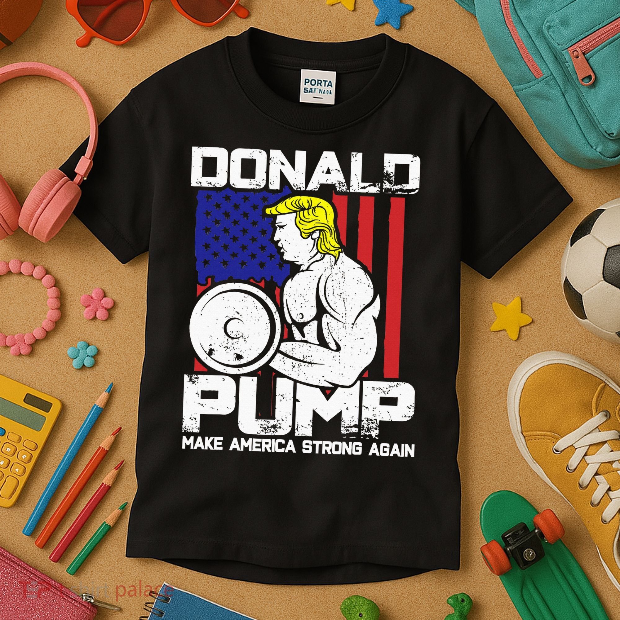 Funny Donald Trump Weight Lifting Workout Gym Kids T-Shirt