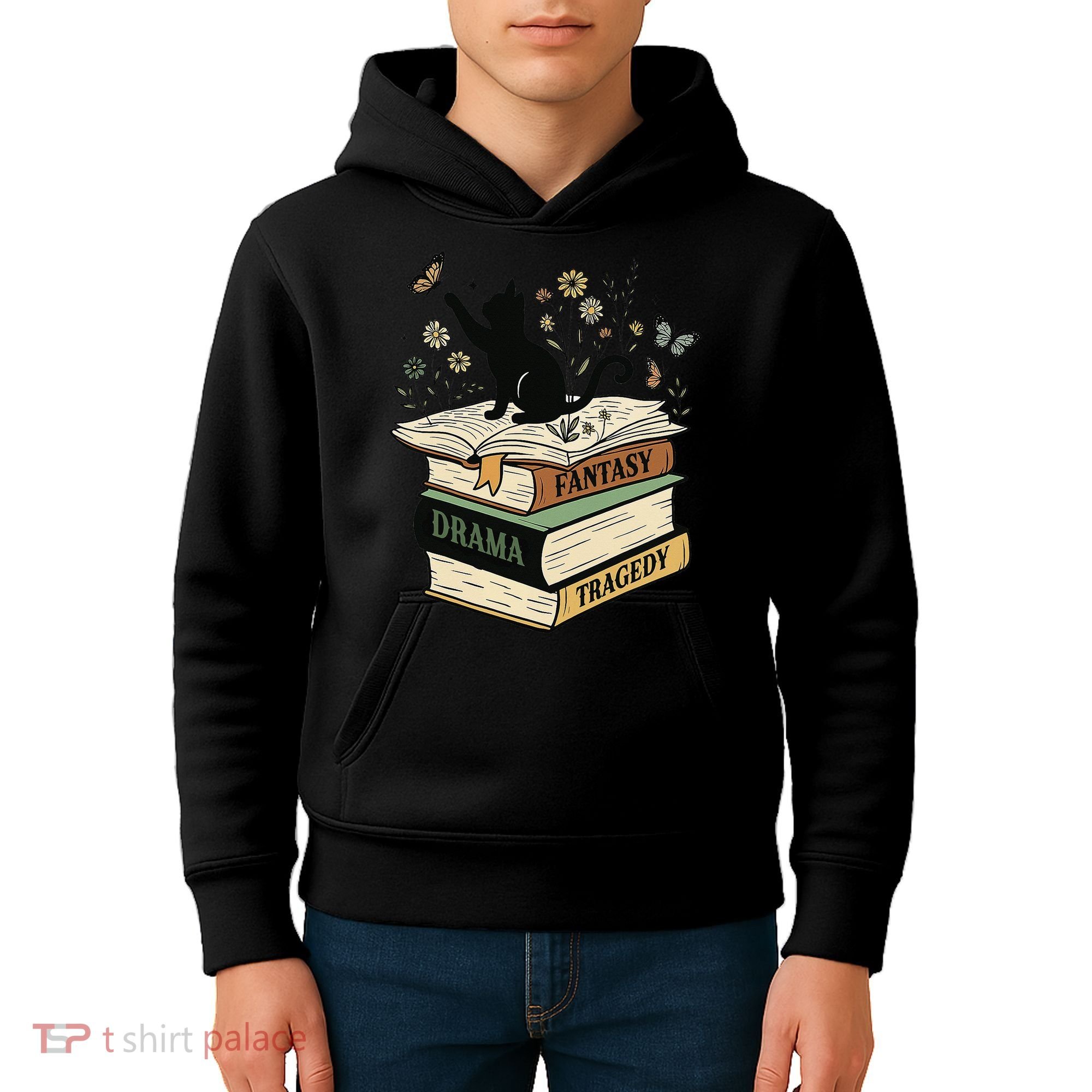 Fantasy Drama Tragedy Cat Book Lover Reading Humor Kids Hoodie