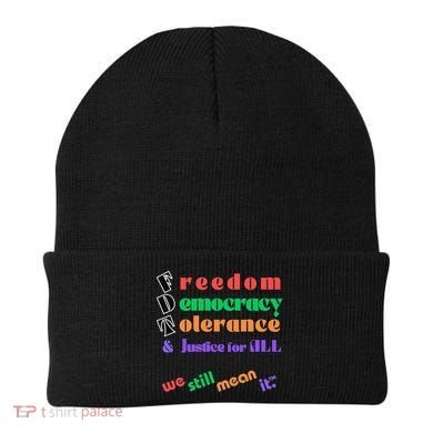 Freedom Democracy Tolerance And Justice Typography Hands Beanie