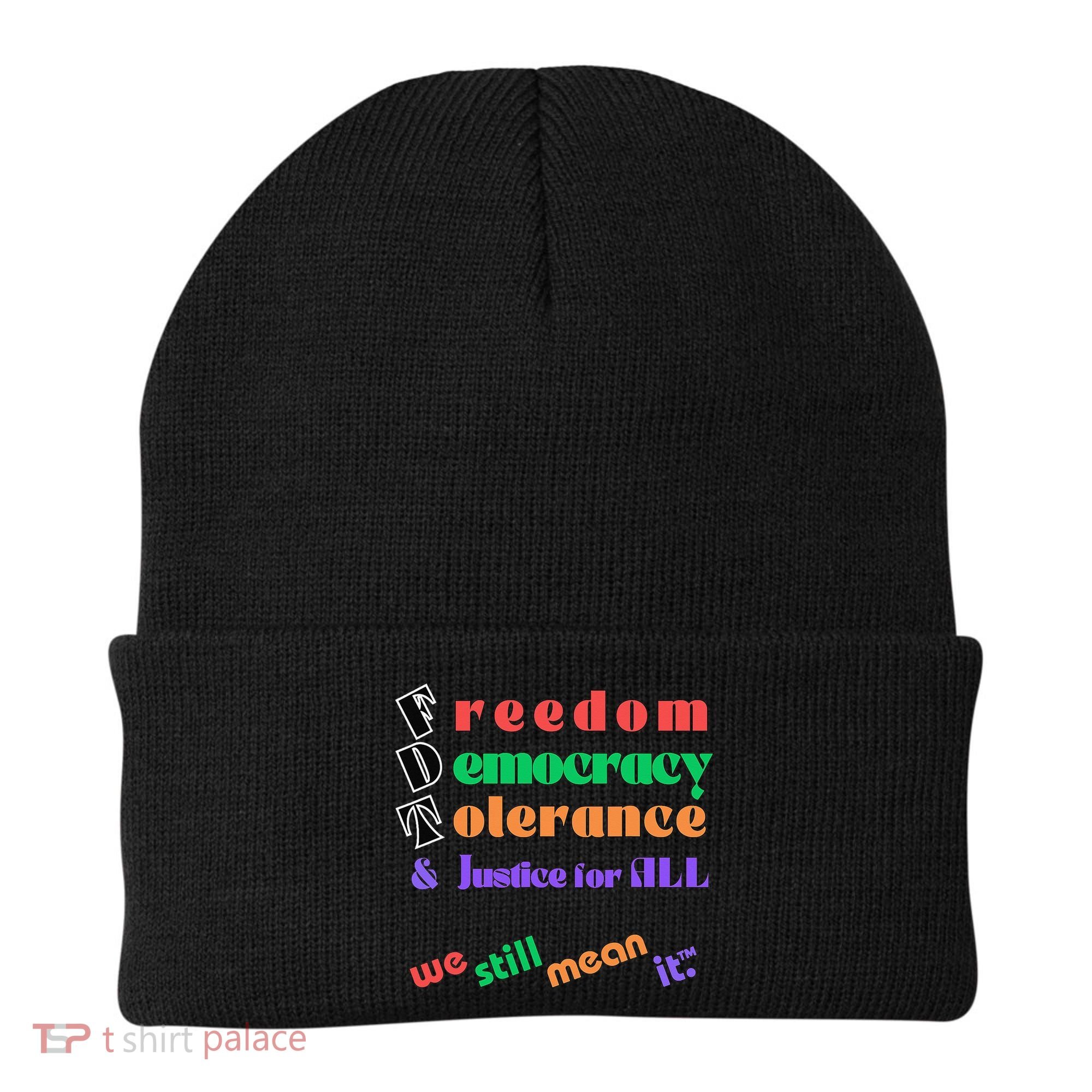 Freedom Democracy Tolerance And Justice Typography Hands Beanie