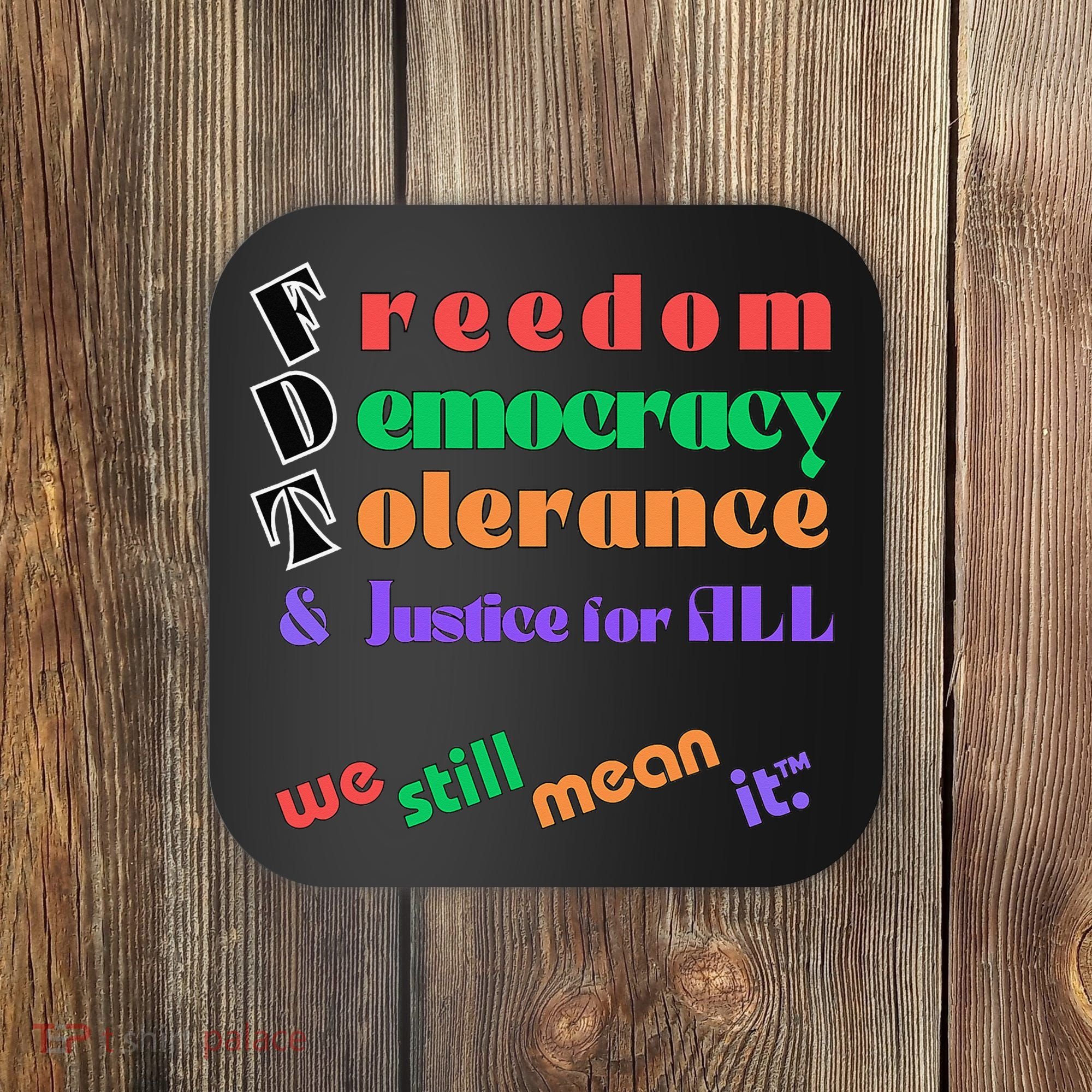 Freedom Democracy Tolerance And Justice Typography Hands Coaster