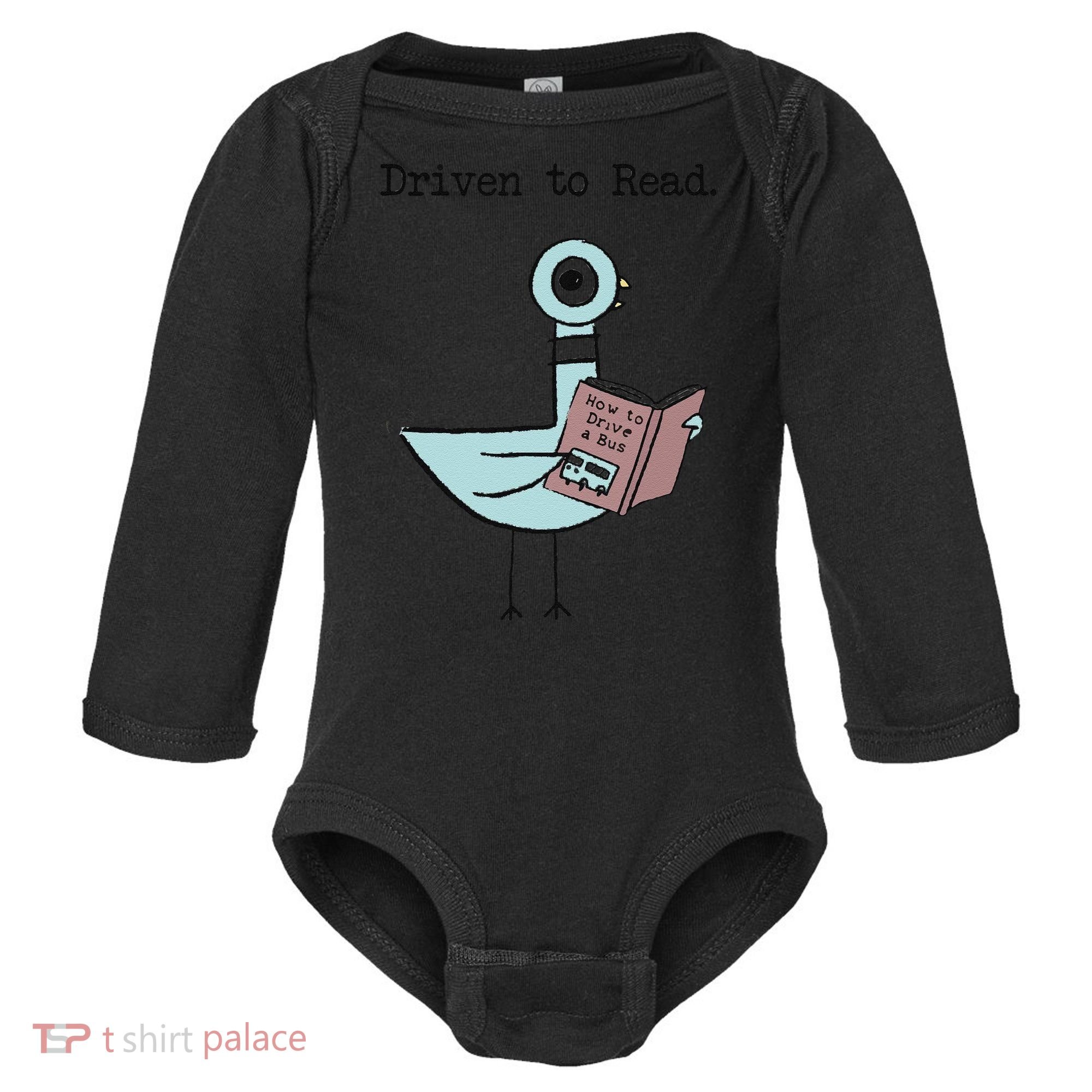 Funny Driven To Read Pigeon Library Reading Books Reader Funny Baby Long Sleeve Bodysuit