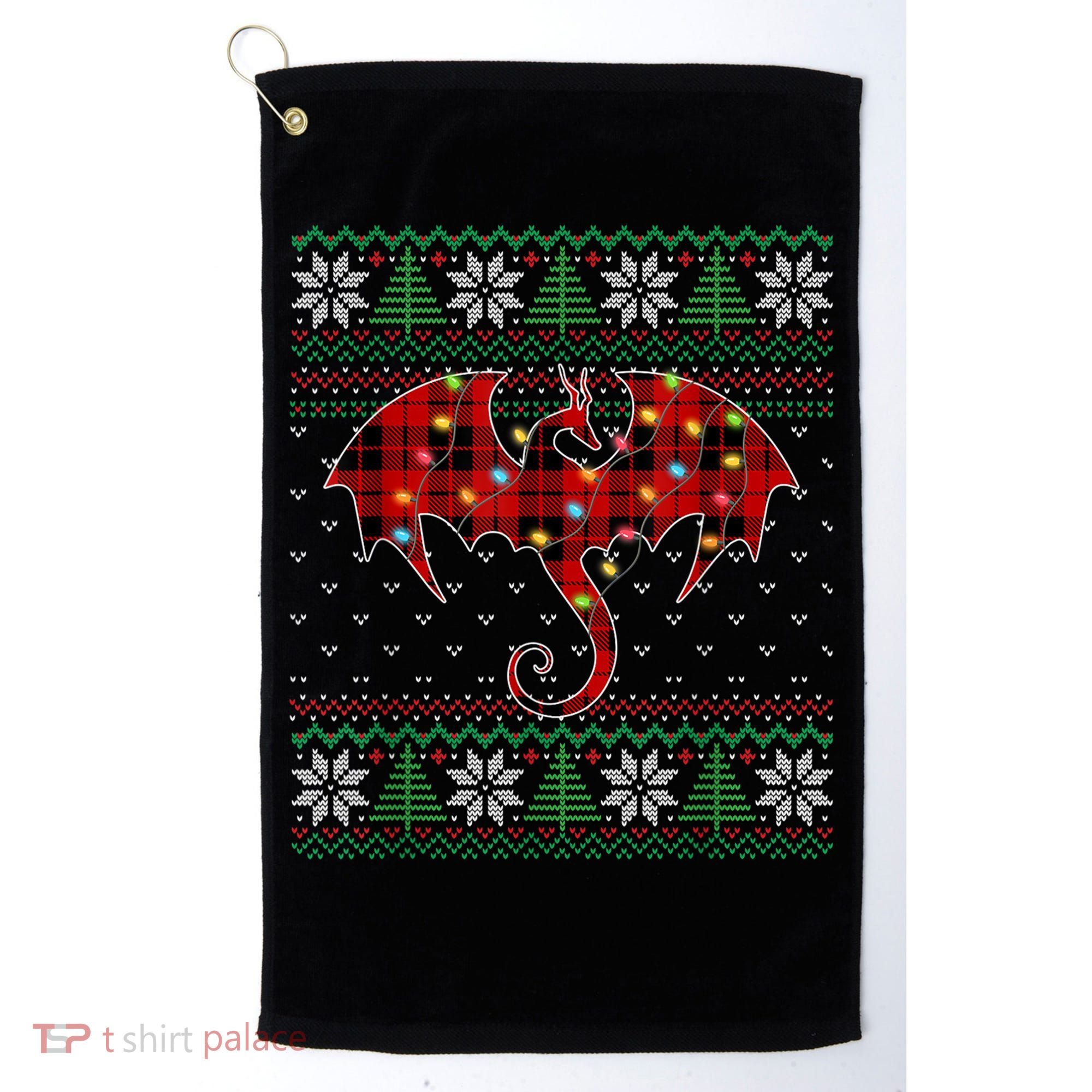 Funny Dragon Ugly Sweater Christmas Lights Dragon Lover TShirt Golf Towel