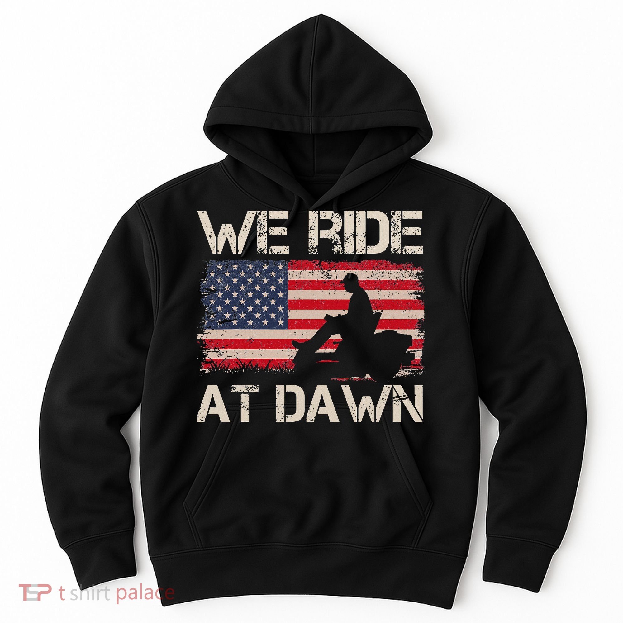 Father's Day We Ride At Dawn Lawnmower USA Flag Mowing Hoodie