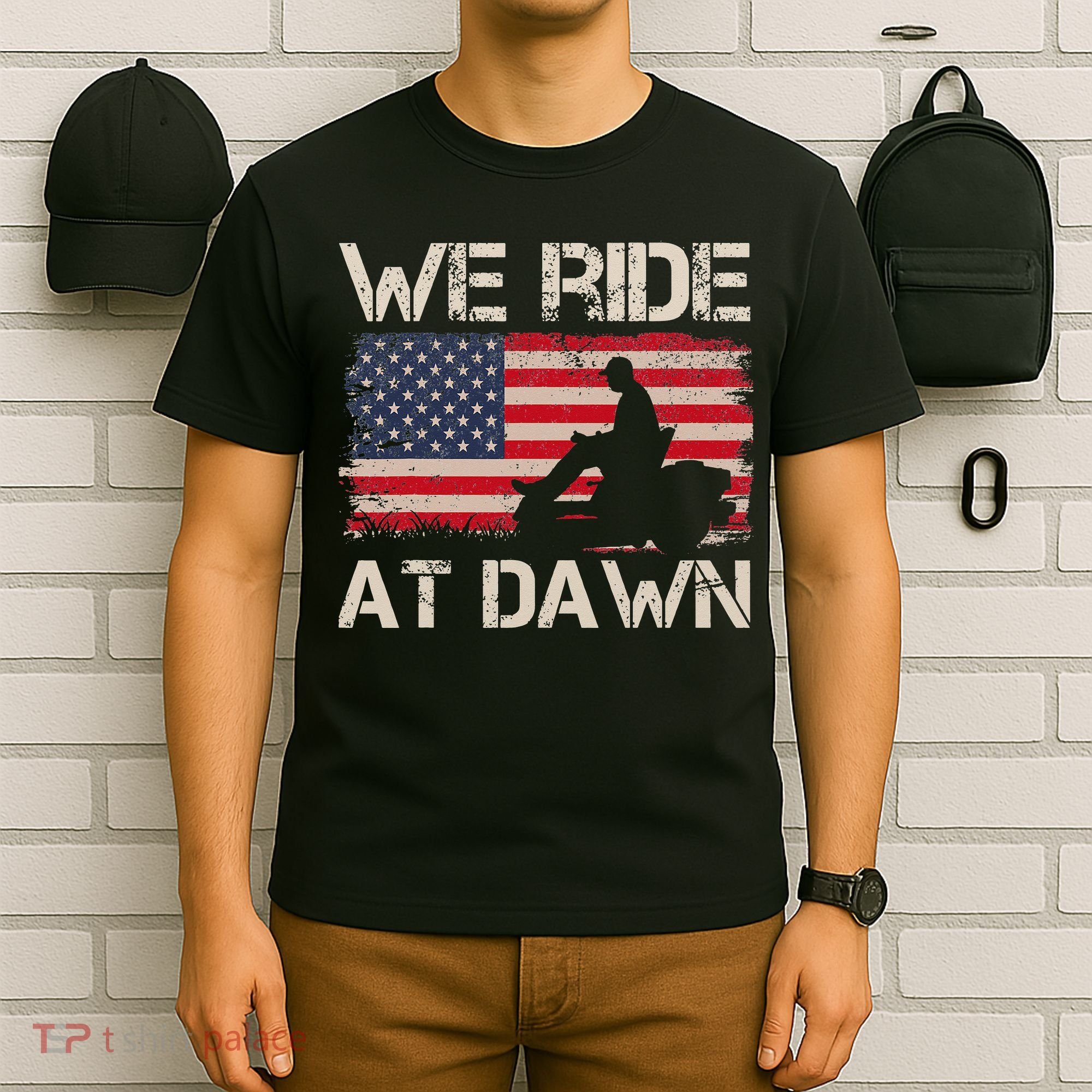 Father's Day We Ride At Dawn Lawnmower USA Flag Mowing T-Shirt