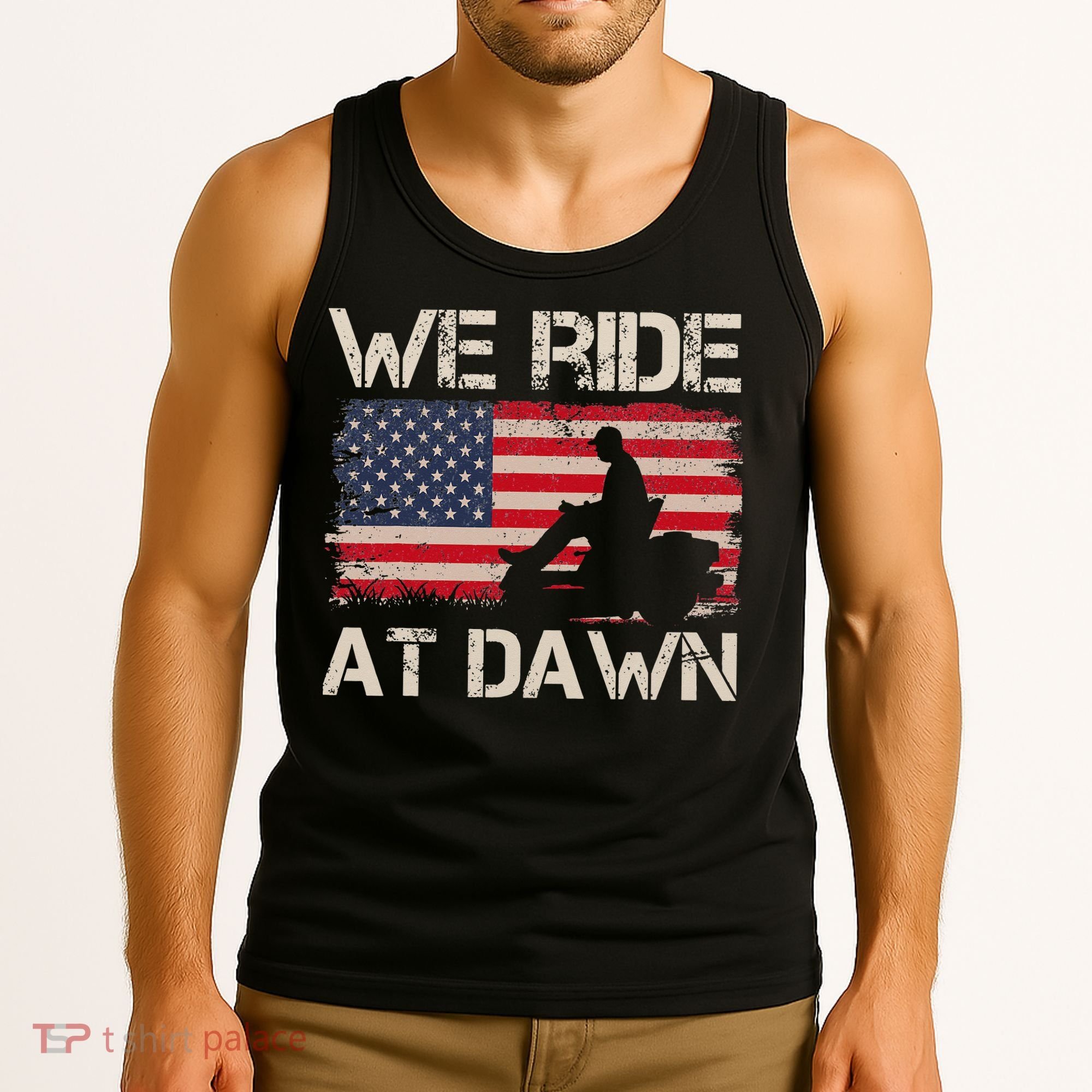 Father's Day We Ride At Dawn Lawnmower USA Flag Mowing Tank Top