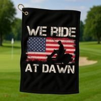 Father's Day We Ride At Dawn Lawnmower USA Flag Mowing Golf Towel thumb 1