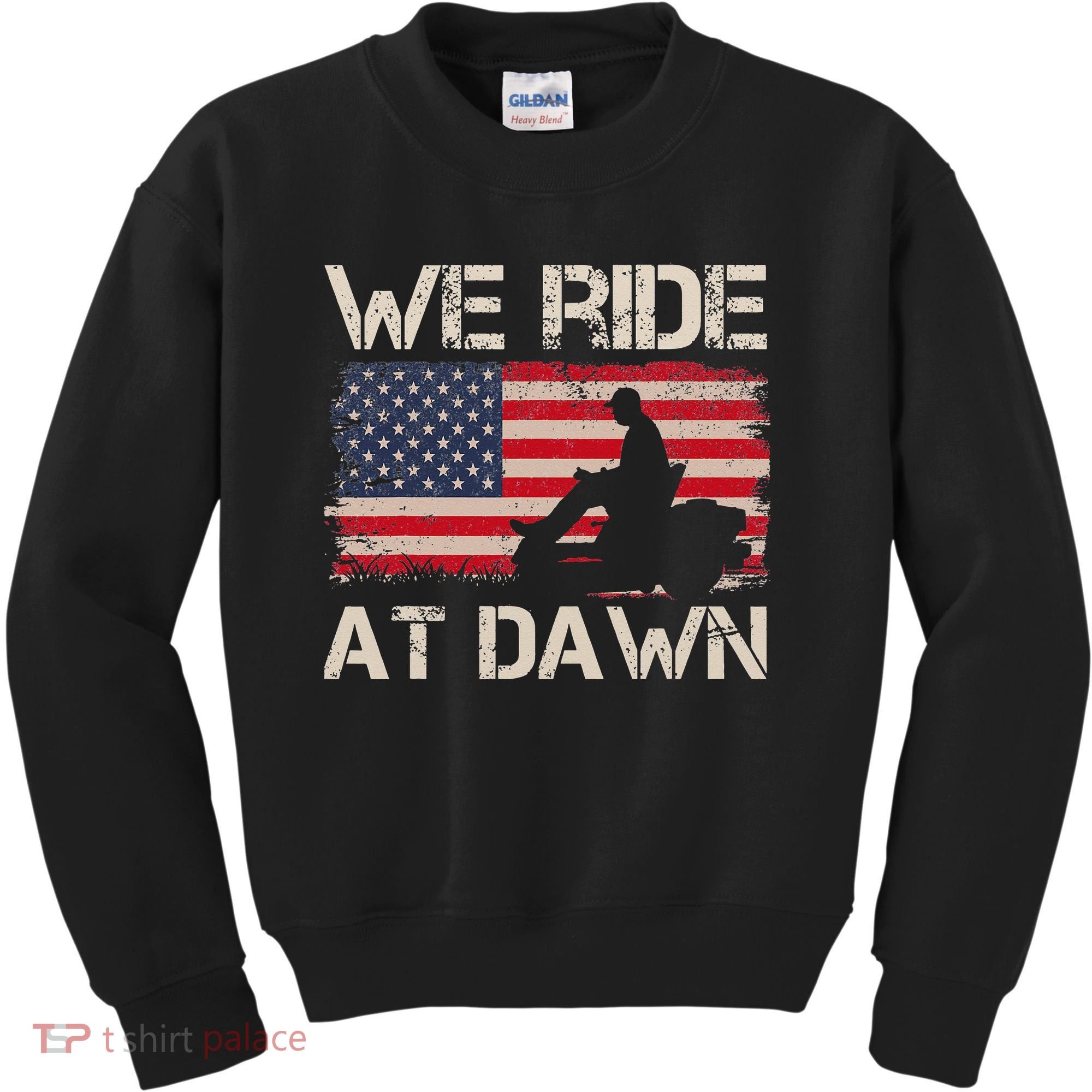 Father's Day We Ride At Dawn Lawnmower USA Flag Mowing Kids Sweatshirt