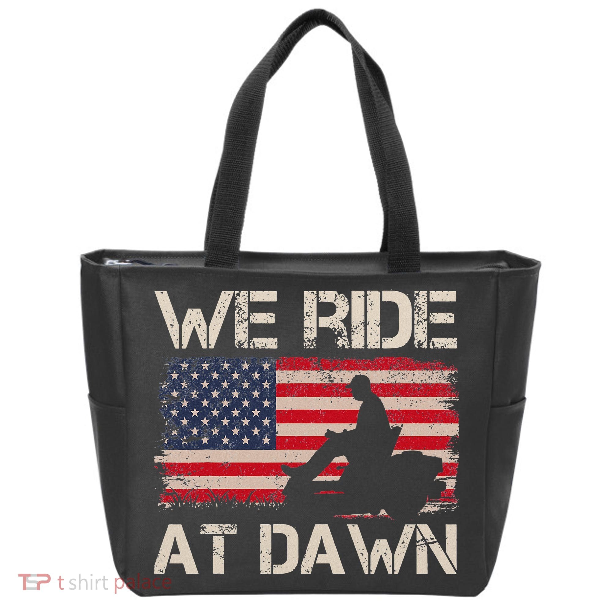 Father's Day We Ride At Dawn Lawnmower USA Flag Mowing Tote Bag