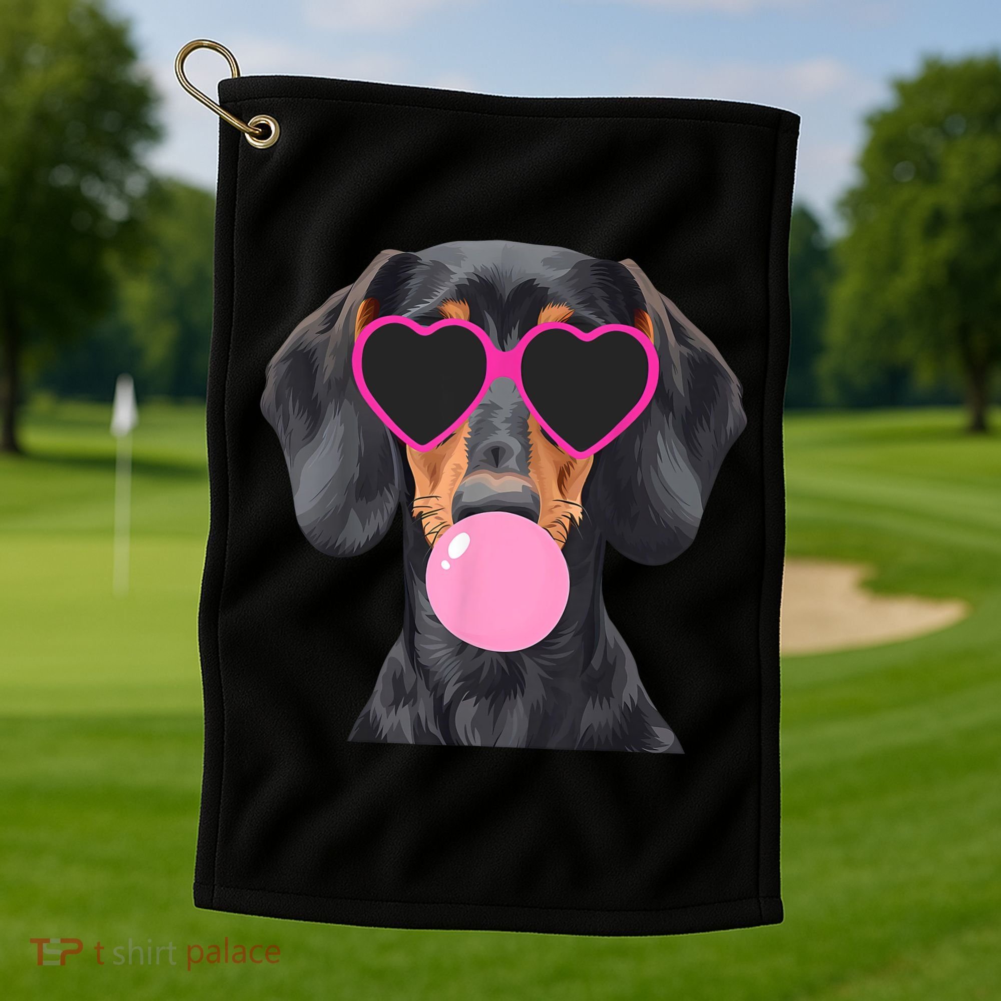 Funny Dachshund Wearing Glasses And Blowing Bubble Gum  Golf Towel