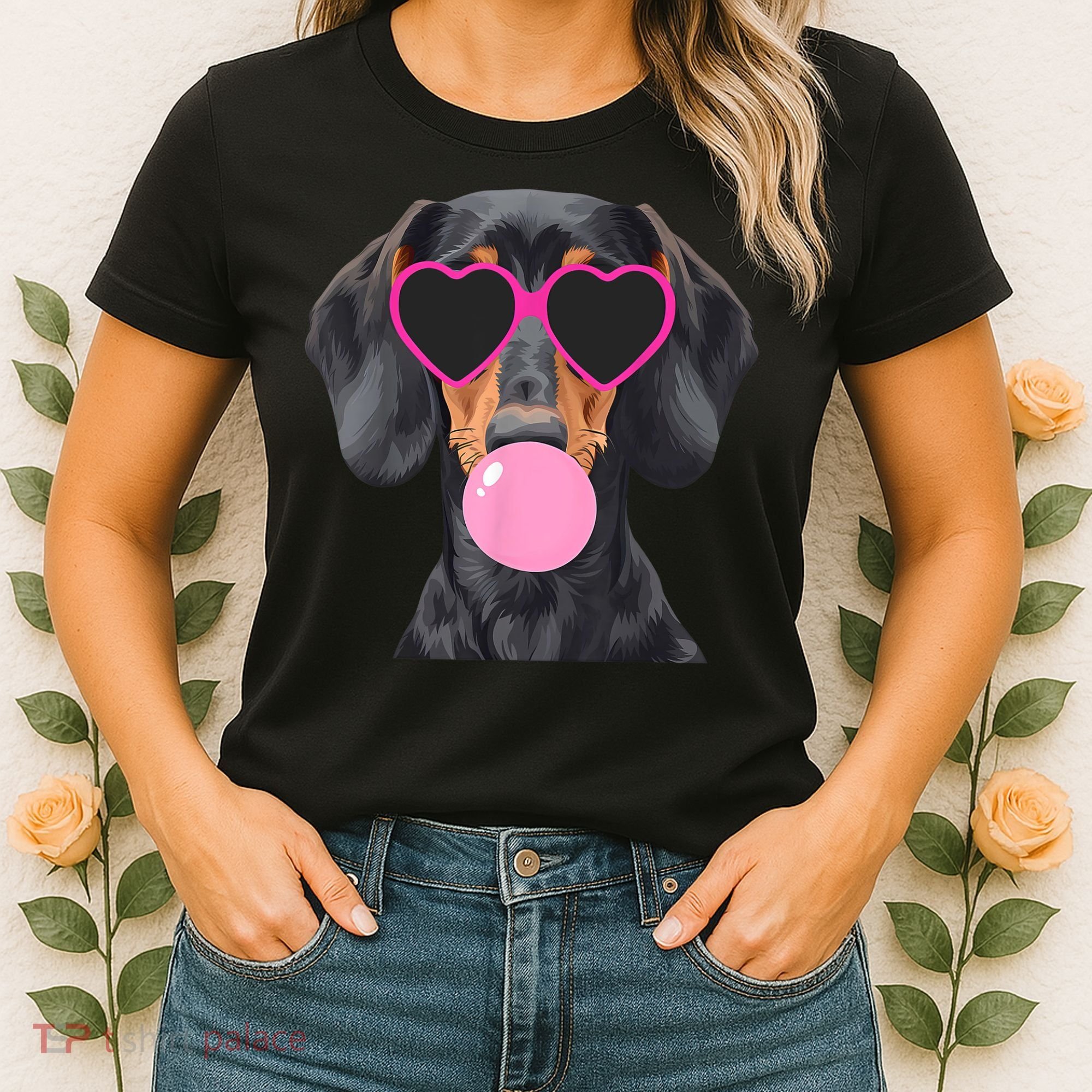 Funny Dachshund Wearing Glasses And Blowing Bubble Gum  Women's T-Shirt