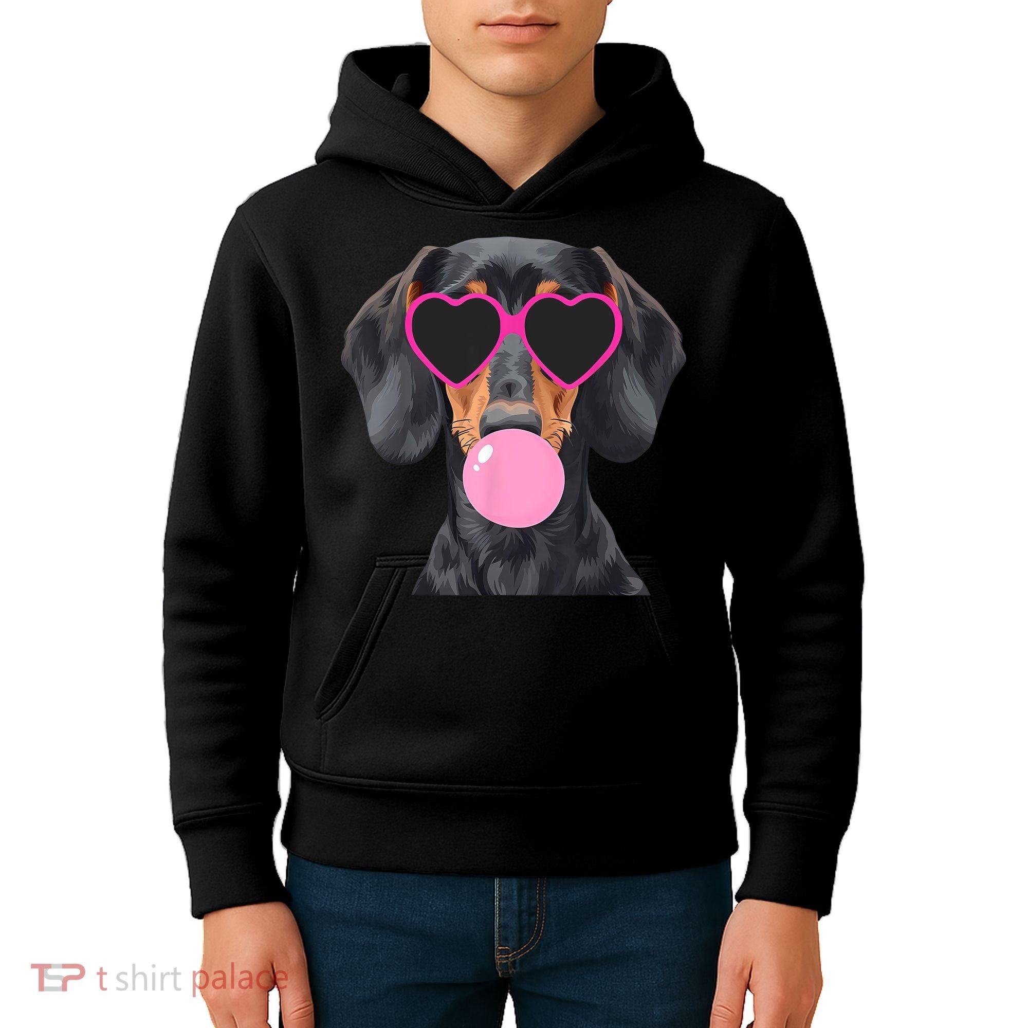 Funny Dachshund Wearing Glasses And Blowing Bubble Gum  Kids Hoodie