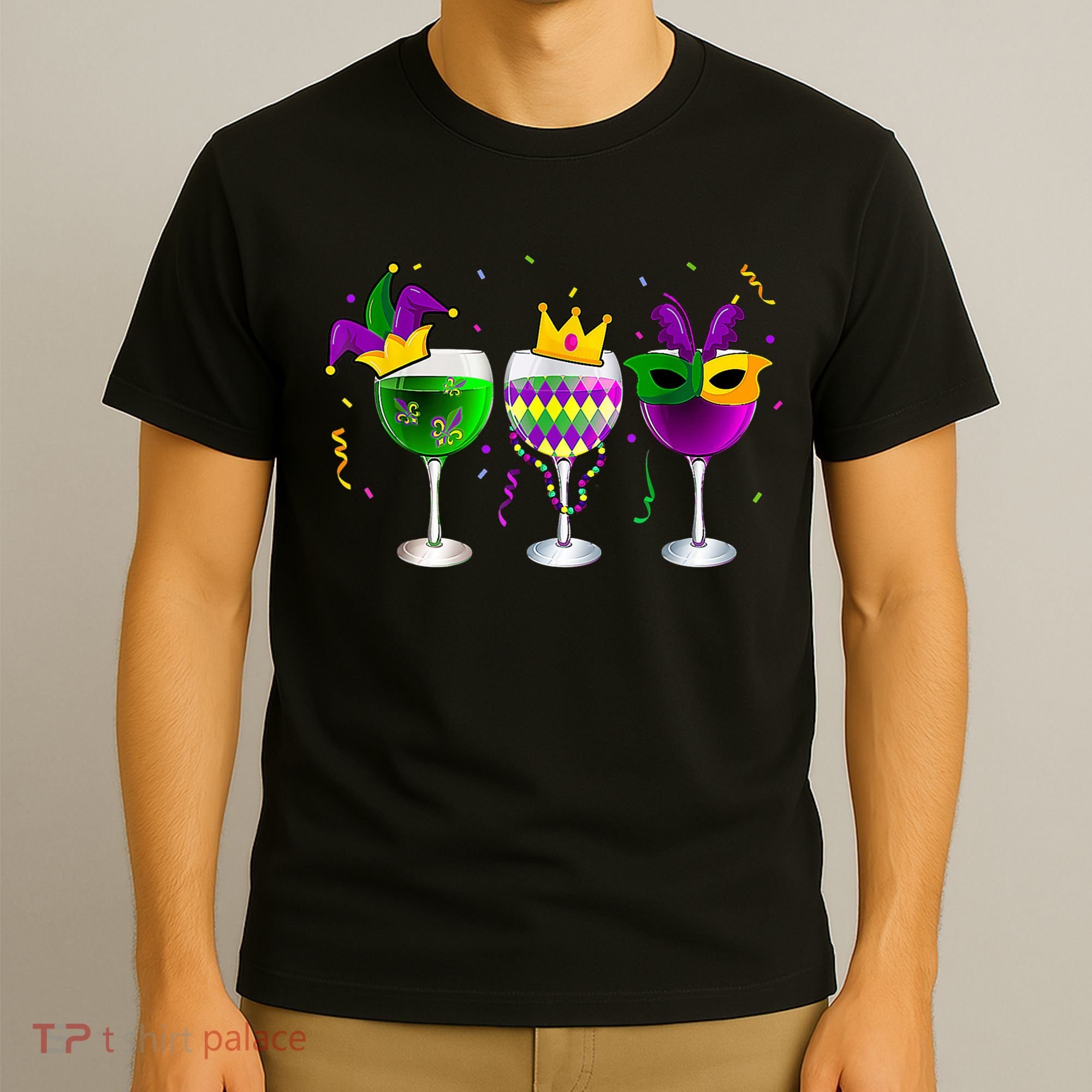 Funny Drinking Wine Mardi Gras Glass Of Wine T-Shirt