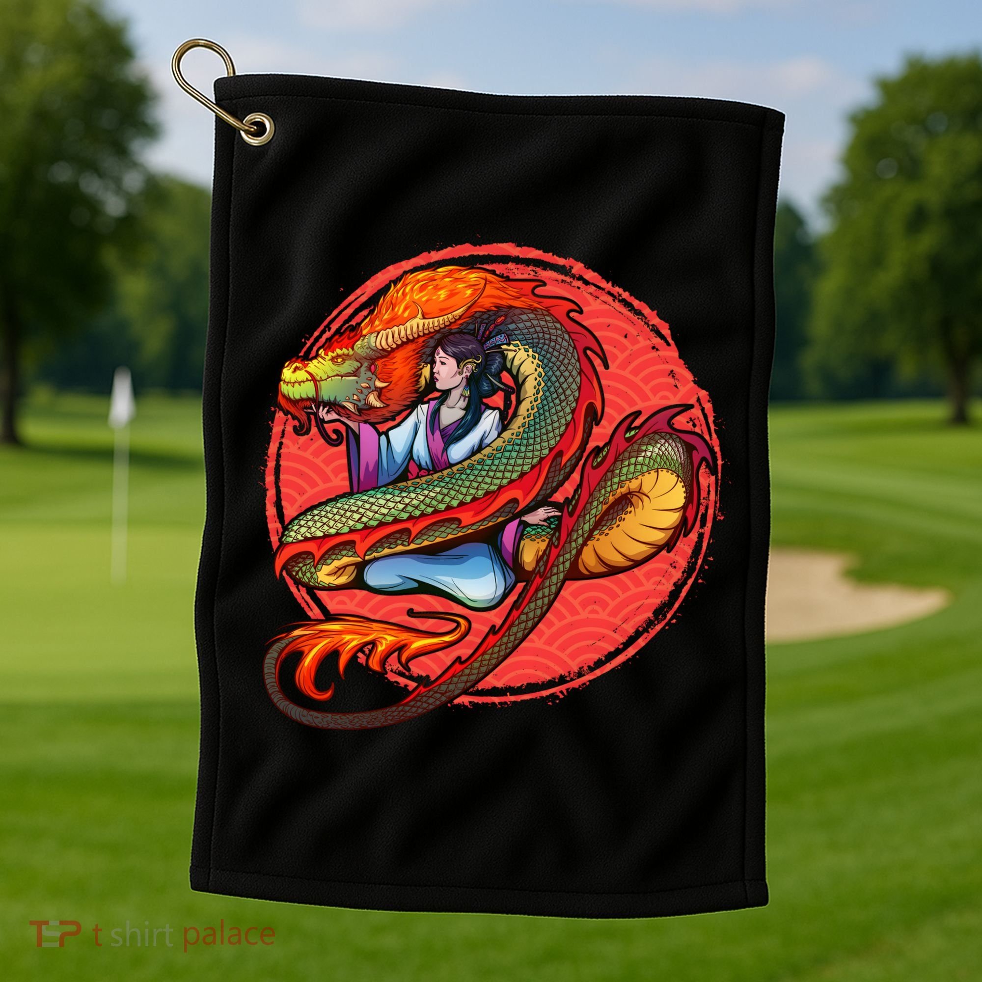 Fire Dragon Warrior Woman Golf Towel