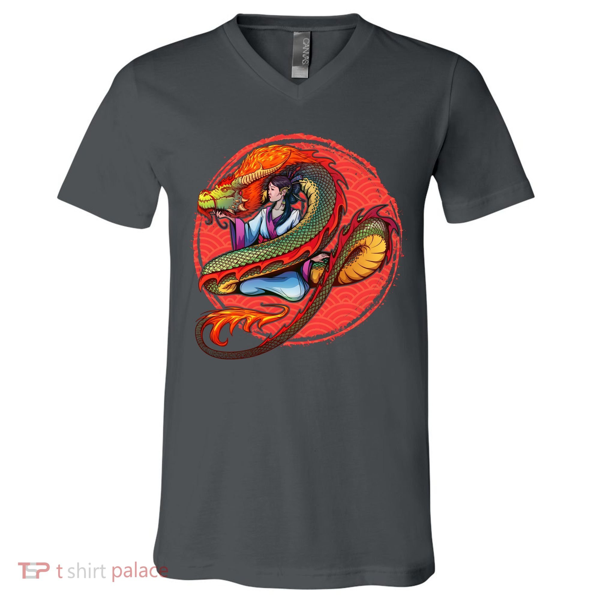 Fire Dragon Warrior Woman V-Neck T-Shirt
