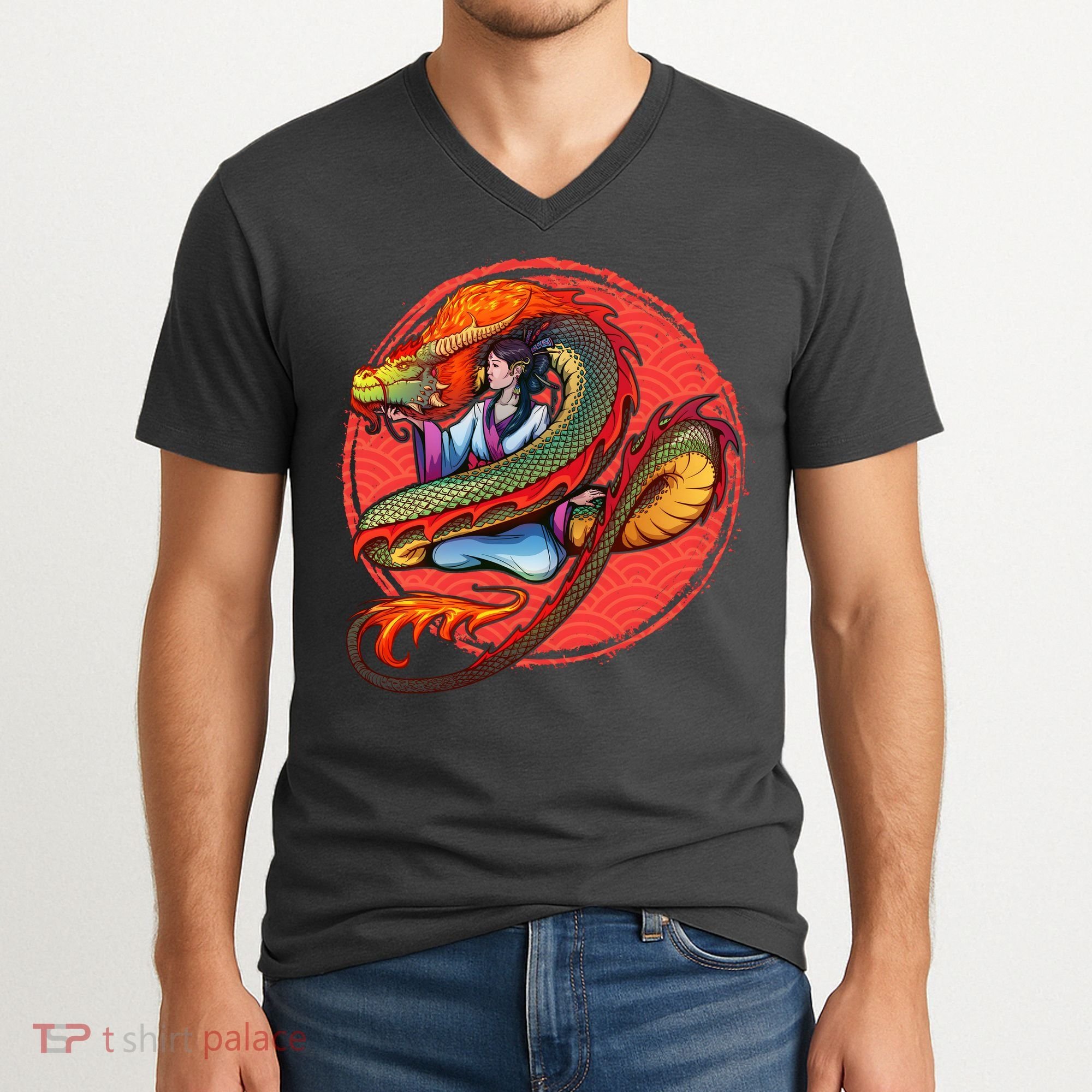 Fire Dragon Warrior Woman V-Neck T-Shirt