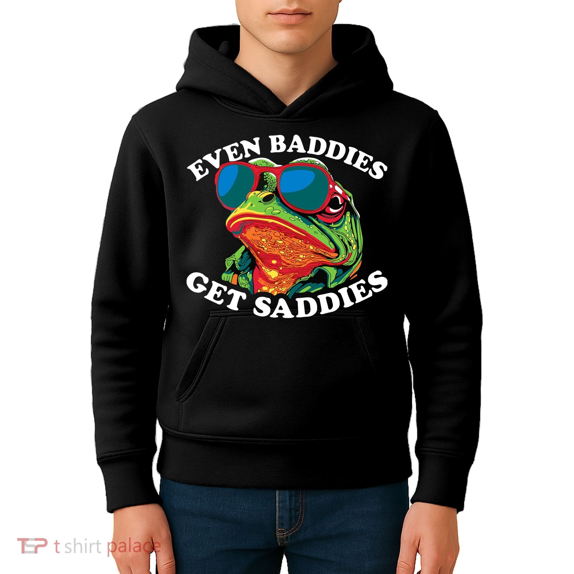 Funny Even Baddies Get Saddies Frog Kids Hoodie