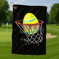 Funny Easter Basketball Egg Hunting Golf Towel thumb 1