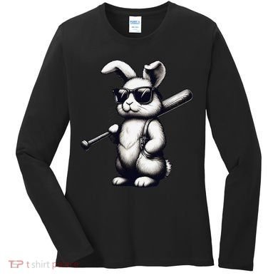 Funny Easter Bunny Playing Baseball Sports Baseball Player Women's Long Sleeve Shirt
