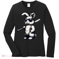 Funny Easter Bunny Playing Baseball Sports Baseball Player Women's Long Sleeve Shirt thumb 0
