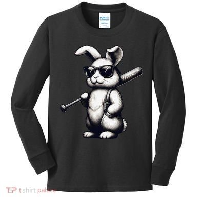 Funny Easter Bunny Playing Baseball Sports Baseball Player Kids Long Sleeve Shirt
