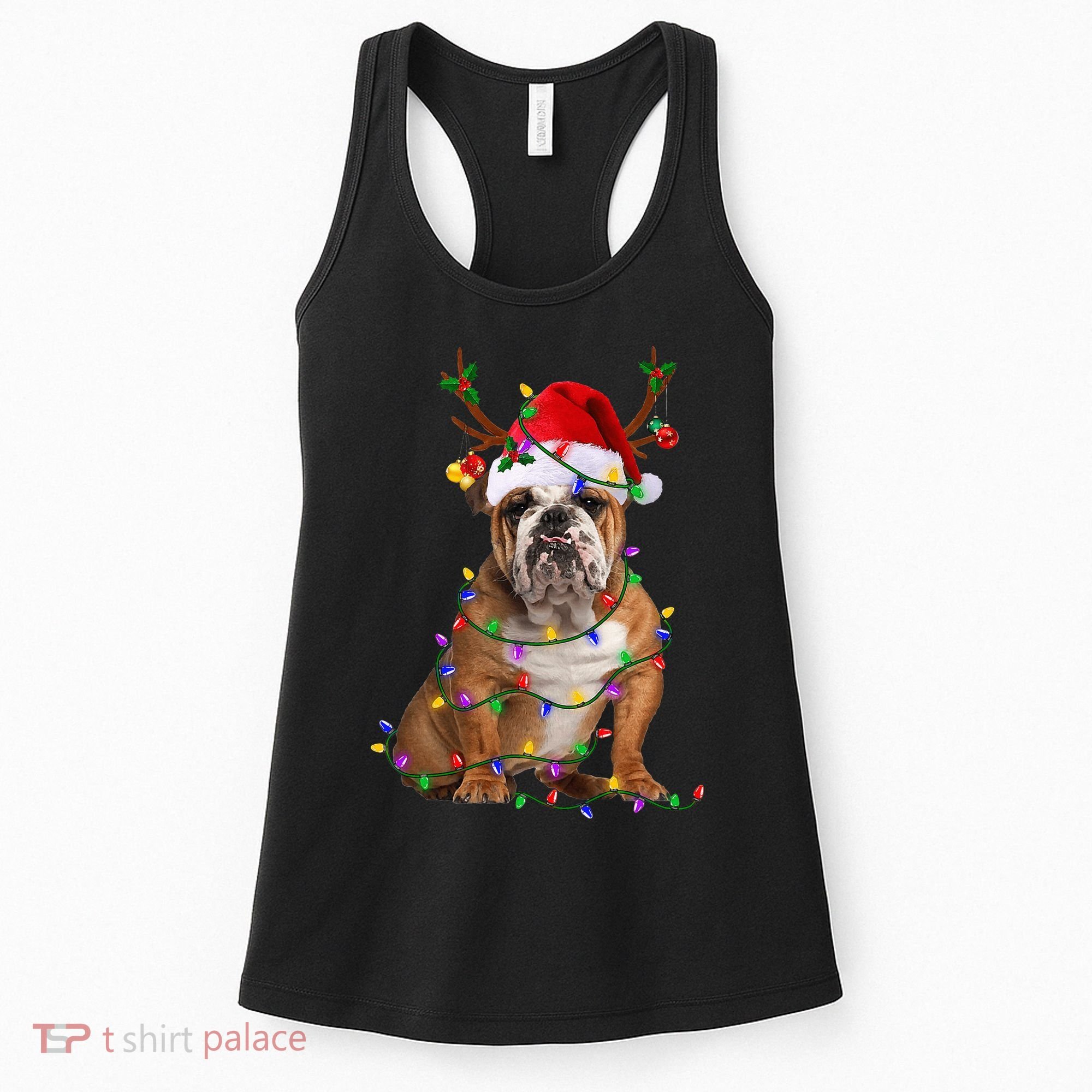 Funny English Bulldog Dog Tree Christmas Lights Xmas Pajama Women's Tank Top