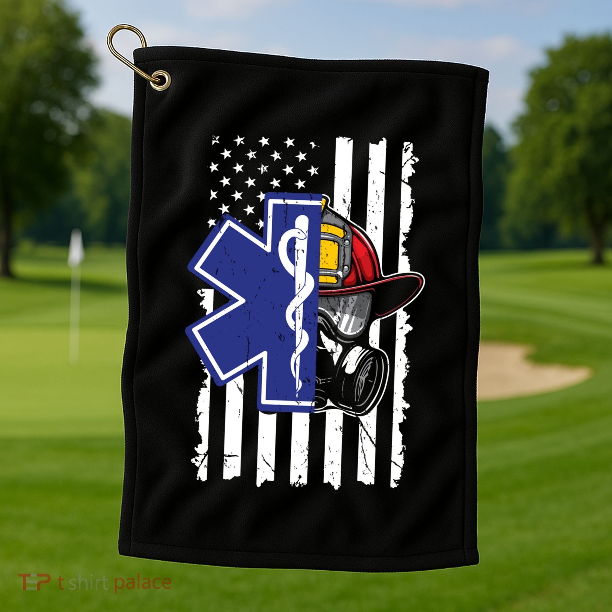 Firefighter Ems Cross Usa Flag Distressed Heros Novelty Cool Gift Golf Towel